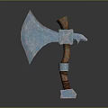 Medieval Battle Axe with Intricate Metallic Head Carvings Wooden Handle And Metal Base