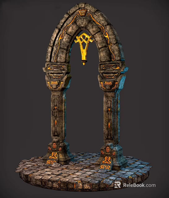 Cartoon Stone Archway With Intricate Carvings And Glowing Runes On Pillars 3d model 