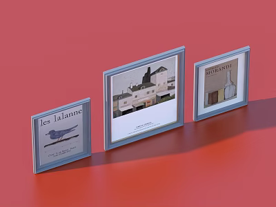 Three Blue Border Picture Frames With Red Background And Bird Building Bottle Prints 3d model