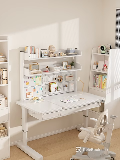 White Storage Shelf For Home Office With Desk Books Stationery And Decorations 3d model 