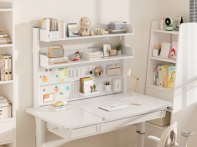 White Storage Shelf For Home Office With Desk Books Stationery And Decorations 3d model
