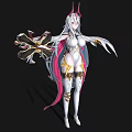 Fantasy Female Character With Long White Hair Pink White Outfit Horns Wings And Ornate Weapon 3d model