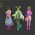 Three Anime Female Characters With Mythical Creature Horns In Blue Purple Pink Costumes