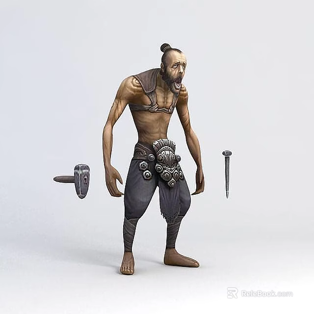 Tech Exhibition Hall Showcasing Fantasy Character Figure With Hammer And Nail Props 3d model 