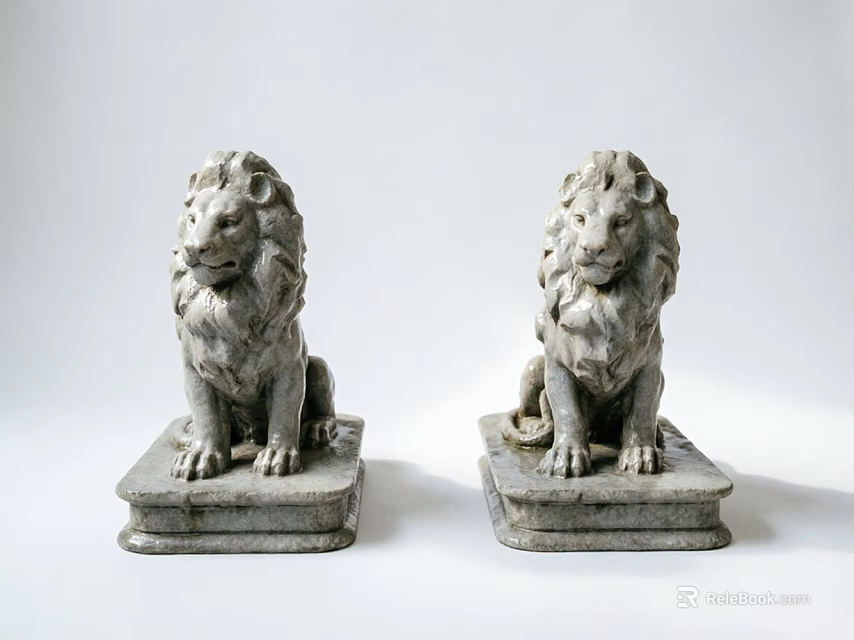 Vintage Stone Lion Ornament Set with Square Base for Home Decor 3d model 