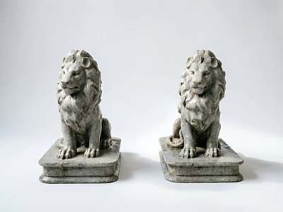 Vintage Stone Lion Ornament Set with Square Base for Home Decor 3d model