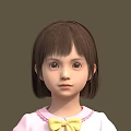 Little Girl Portrait With Brown Short Hair Bangs Pink Dress And Yellow Bow