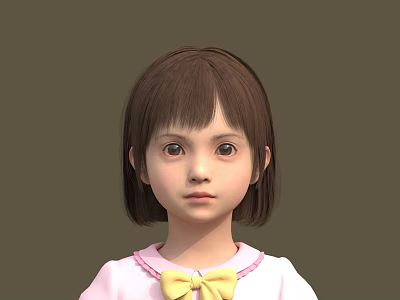 Little Girl Portrait With Brown Short Hair Bangs Pink Dress And Yellow Bow 3d model