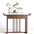Traditional Wooden Console Tables With Potted Plants Decorative Figurines And Circular Accents