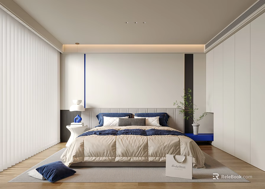 Modern Bedroom Interior With Blue And White Bedding Table Lamp Potted Plant Wooden Floor 3d model 