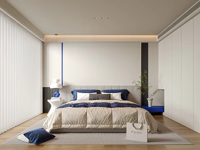 Modern Bedroom Interior With Blue And White Bedding Table Lamp Potted Plant Wooden Floor 3d model