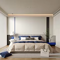 Modern Bedroom Interior With Blue And White Bedding Table Lamp Potted Plant Wooden Floor