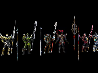 Various Armored Game And Movie Characters With Weapons In Action Pose 3d model