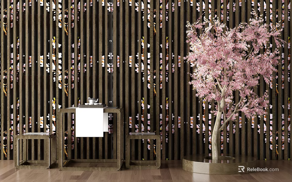 Tea Table And Chairs With Wooden Vertical Screen Decorative Lights And Pink Cherry Blossom Tree 3d model 