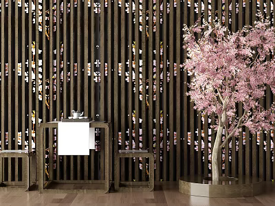 Tea Table And Chairs With Wooden Vertical Screen Decorative Lights And Pink Cherry Blossom Tree 3d model