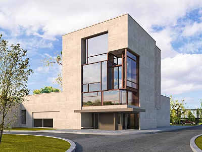 Modern Detached Villa Exterior Design With Large Glass Windows Lawn And Driveway 3d model