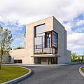 Modern Detached Villa Exterior Design With Large Glass Windows Lawn And Driveway