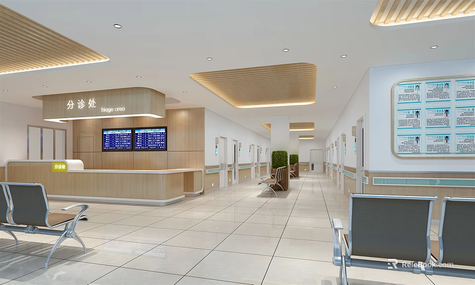 Modern Hospital Triage Area With Waiting Seats Digital Screens And Direction Signs 3d model 