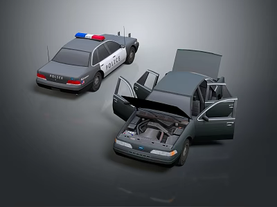 Police Cars With Emergency Lights Open Hood And Doors Displaying Interior 3d model