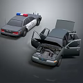 Police Cars With Emergency Lights Open Hood And Doors Displaying Interior
