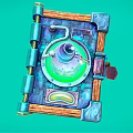 Fantasy Book With Green Glass Flask And Mechanical Parts On Teal Background