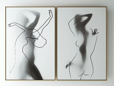 Black And White Line Art With Abstract Female Silhouettes In Golden Frames Hanging On Wall 3d model