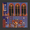 Dollhouse Interior Design With Two Levels Arched Windows Bookshelves And Red Flooring