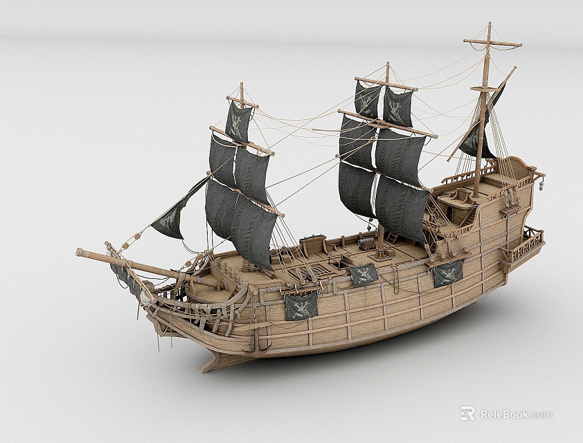 Wooden Sailing Ship With Black Sails And Vintage Details 3d model 