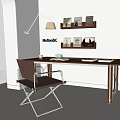 Modern Home Office Desk With Wooden Bookshelves Leather Chair Lamp And Books