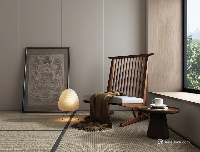 Wooden Lounge Chair with Striped Backrest Throw Blanket Small Table Floor Lamp and Green Plants 3d model 