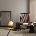 Wooden Lounge Chair with Striped Backrest Throw Blanket Small Table Floor Lamp and Green Plants