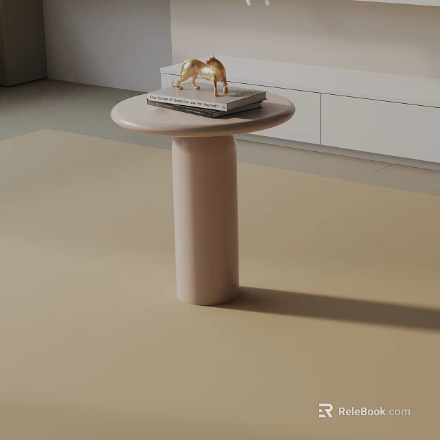 Minimalist Round Top Side Table With Cylindrical Base And Golden Figurine On Books 3d model 