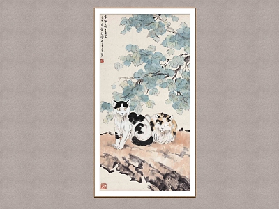 New Chinese Animal Painting Xu Beihong Double Cat model