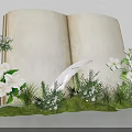 Vintage Open Book Photo Spot With White Flowers Green Plants And Feather