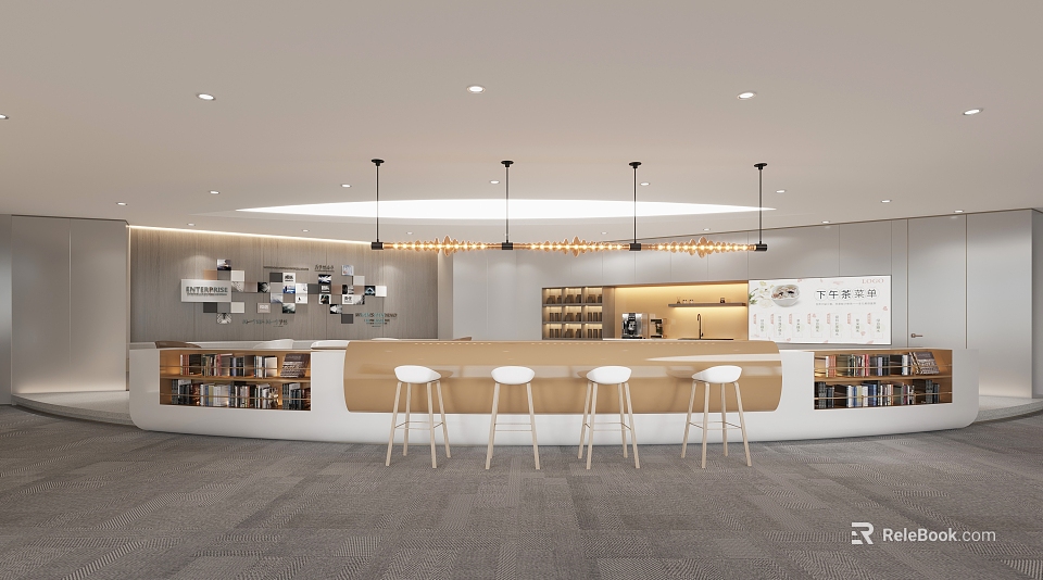 Modern Pantry Interior Design With Bar Counter Wooden Stools Wall Shelves And Pendant Lights 3d model 