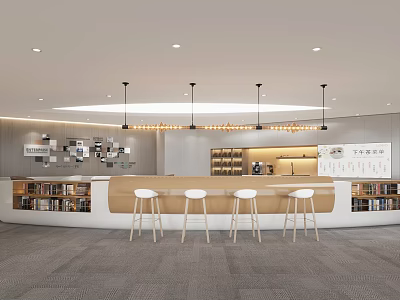 Modern Pantry Interior Design With Bar Counter Wooden Stools Wall Shelves And Pendant Lights 3d model