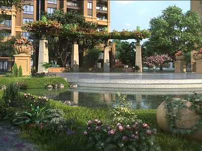 Tranquil Residential Garden Courtyard Featuring Pond Pergola Vines And Colorful Flowers 3d model