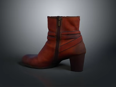 Brown Leather Ankle Boots With Side Zipper And Block Heel Design For Daily Wear 3d model