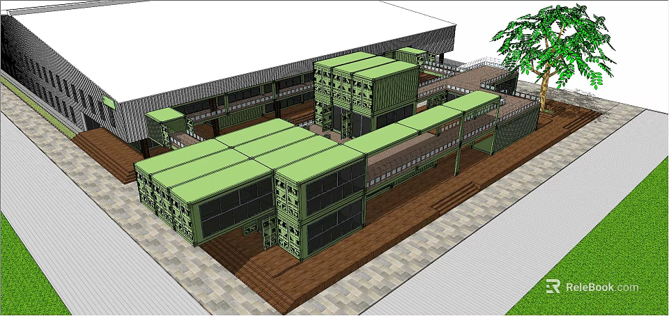 Modern Container Building Design With Stacked Units Green Roof And Wooden Walkways 3d model 
