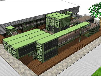 Modern Container Building Design With Stacked Units Green Roof And Wooden Walkways 3d model