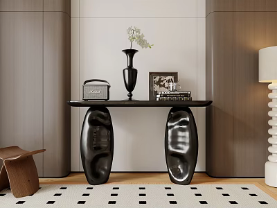 Modern Console Table Design With Black Top Unique Legs And Decorative Vase Photo Frame 3d model