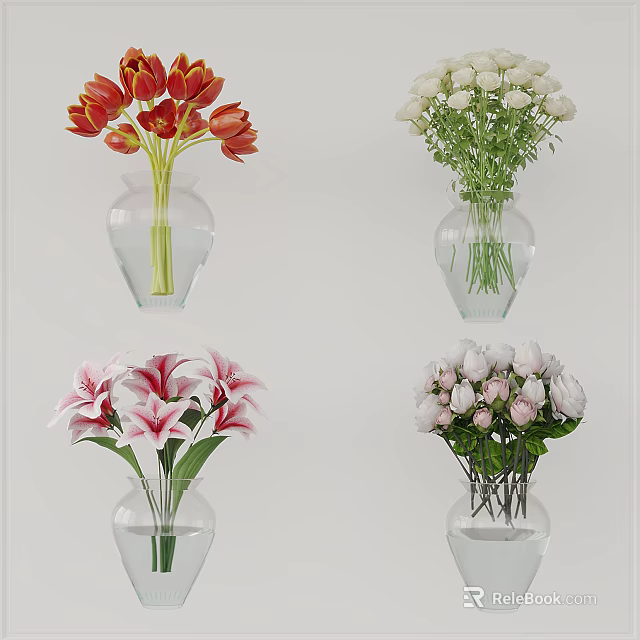 Colorful Flowers in Transparent Glass Vases Including Red Tulips Pink Lilies and Roses 3d model 