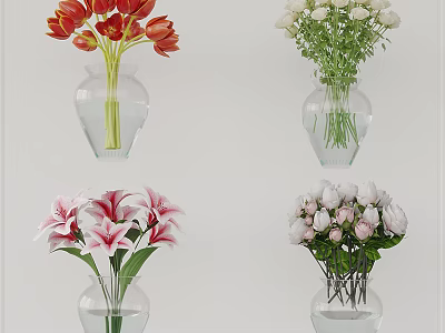 Colorful Flowers in Transparent Glass Vases Including Red Tulips Pink Lilies and Roses 3d model
