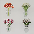 Colorful Flowers in Transparent Glass Vases Including Red Tulips Pink Lilies and Roses