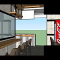 Restaurant Interior With Brick Wall Decorative Painting High Chairs Wooden Bar Counter And Ceiling Lights
