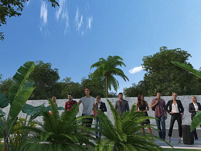 Group of People Standing Outdoors With Green Plants Palm Trees And Blue Sky 3d model