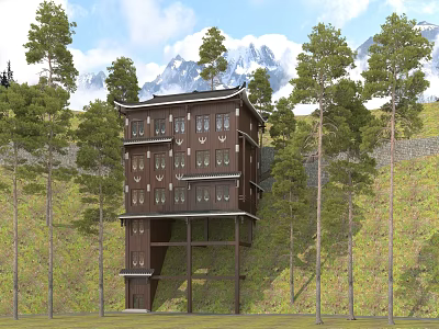 Traditional Multi Story Wooden House On Hillside Surrounded By Pine Trees And Snowy Mountains 3d model