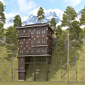 Traditional Multi Story Wooden House On Hillside Surrounded By Pine Trees And Snowy Mountains