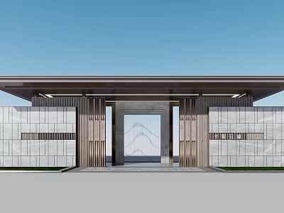 Modern Entrance Gate Design With Stone Wall Wooden Accents And Roof Structure Under Blue Sky 3d model