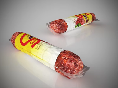 Two Wrapped Sausages With Yellow And White Packaging And Red Green Labels 3d model